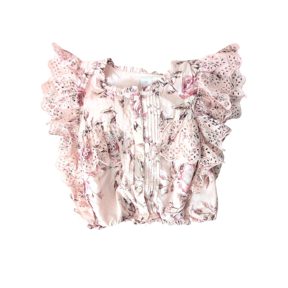 Gap x LoveShackFancy Kids Pink Floral  Ruffle Sleeve Top Girls Size‎ L 10-11